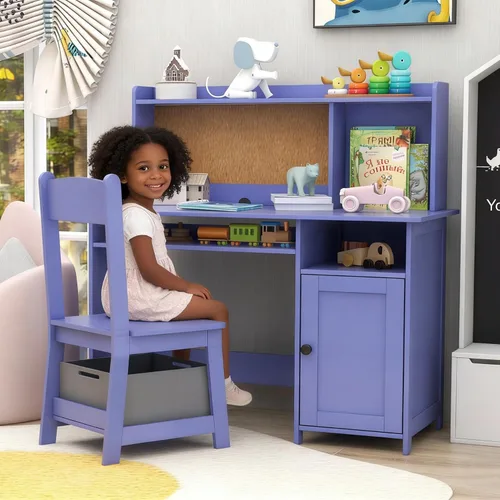 Vista 8 de TaoHFE Silla de Escritorio Azul para Niños, Escritorio para Niños con Almacenamiento y Estante, Conjunto de Escritorio y Silla de Madera para Niños