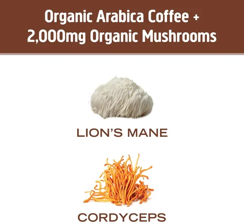 Vista 3 de Om Mushroom Superfood Mezcla de café en polvo de hongos, porción única, 10 unidades, granos arábica orgánicos, melena de león, cordyceps, cola