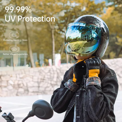 Vista 5 de Soman Viseras de burbuja con 3 broches, protector de cara con burbujas con 3 broches compatible con cascos de motocicleta de 3/4 cara abierta (Oro)