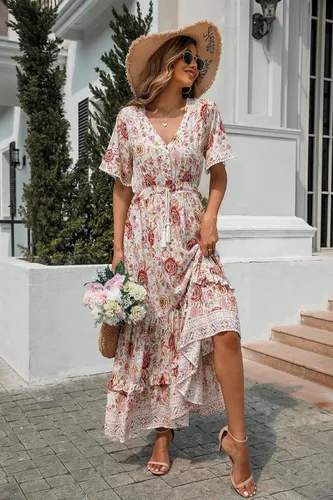 Vista 5 de R.Vivimos - Vestido por debajo de la rodilla para mujer, de manga corta, de algodón, con cuello en V, diseño floral y estilo informalbohemio