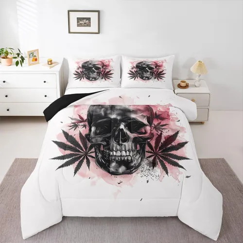 Vista 17 de Juego de edredón de polilla de la muerte, juego de ropa de cama tamaño individual, diseño de calavera gótica, flores botánicas, juego de edredón