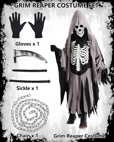 Vista 2 de Disfraz de parca de Halloween para niños, disfraz de esqueleto blanco oscuro con accesorios para cosplay de la parca de calavera