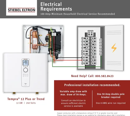 Vista 4 de Stiebel Eltron Calentador de Agua Sin Tanque – Tempra 12 Plus – Eléctrico, Agua Caliente a Pedido, Eco, Blanco Made in Germany; 50A breaker, 50A