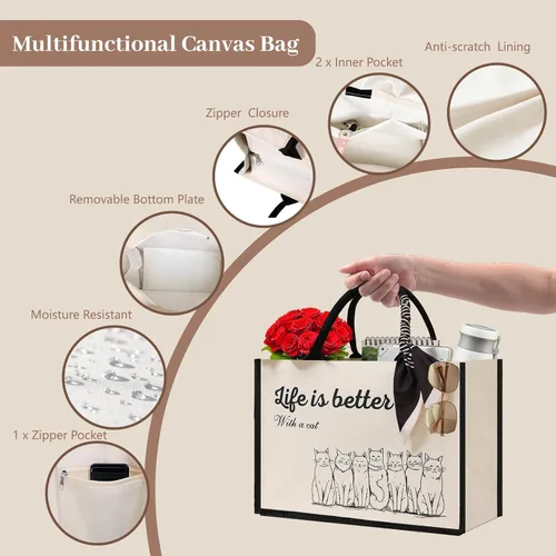 Vista 9 de Cute Tote Bags, 16Oz, 3 Pockets, Cat Large Canvas Tote Bags for Women, Anti-Scratch Lining Large Tote Bag with Zipper