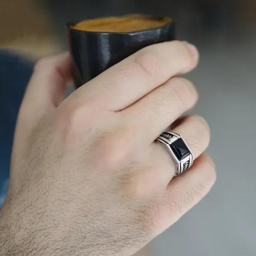 Vista 7 de Sterling Silver Rings for Men with Arrow Pattern, Anillos para Hombre, Mens Rings with Gemtone, Handmade Sterling Silver Rings with Onyx, Turquoise