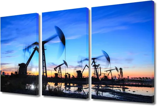 Vista 33 de TUMOVO Bombas de aceite en la puesta de sol para dormitorio, industria de petróleo y gas, pinturas de pared de 3 piezas de arte de pared de petróleo