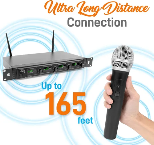 Vista 4 de Pyle Sistema de micrófono inalámbrico de 4 canales, juego de micrófono de audio UHF portátil con 2 de mano, 2 auriculares, 2 micrófonos Lavalier, 2
