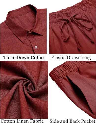 Vista 11 de COOFANDY Conjunto de 2 piezas de algodón y lino para hombre, camisas de manga corta con botones, pantalones cortos de playa de verano, trajes
