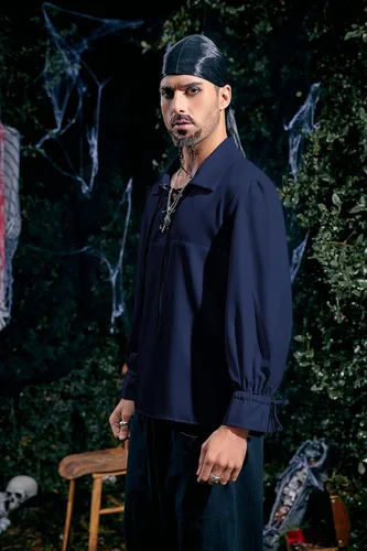 Vista 3 de Camisa de pirata medieval para hombre, vikingo, renacentista, con cordones, mercenario, Halloween, jacobita escocés, ghillie