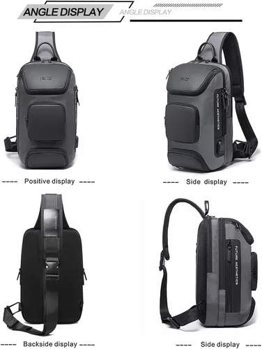 Vista 6 de Mochila tipo bandolera para hombre, bolsa de hombro impermeable con puerto USB