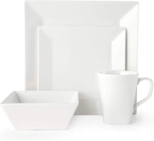 Vista 2 de Mikasa Square Delray - Juego de vajilla de porcelana de hueso de 16 piezas, servicio para 4, color blanco