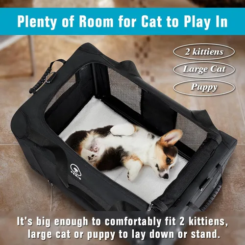 Vista 2 de PEGIC - Transportador extragrande para gatos, color negro Soft Sided Collapsible, For 2 Kittens or Large Cat, Up to 50lbs, Car Travel, Indoor and
