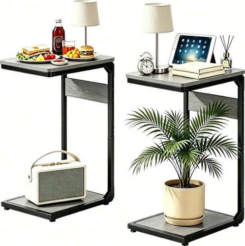 Vista 11 de Mesa auxiliar pequeña con pedestal de madera para sofá, mesa auxiliar en forma de C, bandejas de TV para comer, bebidas de café, cena, comida