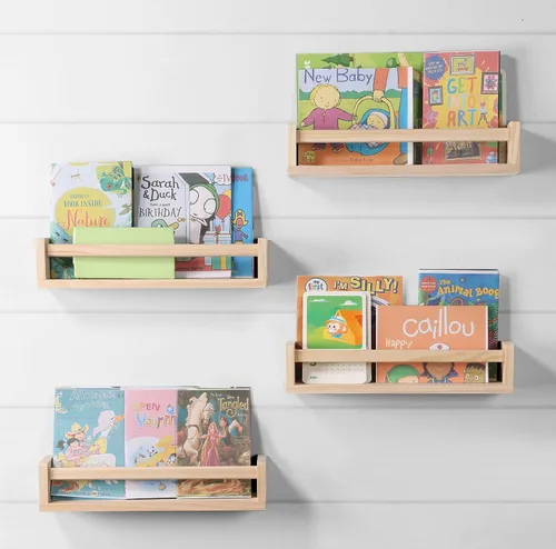 Vista 7 de Juego de 4 estantes flotantes de madera para habitación de niños, estante de libros para guardería, estante de especias de cocina (carbonizado)