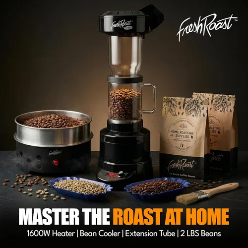 Vista 2 de Fresh Roast SR800 - Paquete de tostador de café – Incluye tubo de extensión de vidrio, enfriador de granos de café, granos de café verdes, bandejas