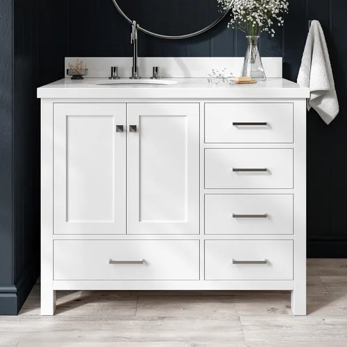 Vista 80 de ARIEL Cambridge tocador de baño con fregadero, madera maciza, encimera y protector contra salpicaduras de cuarzo blanco puro de 1.5 pulgadas