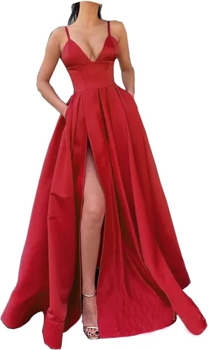 Vista 5 de Fanciest Vestidos de noche de satén con tirantes delgados para mujer, con abertura alta, con bolsillos, vestido formal largo