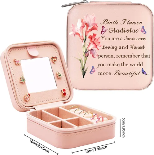 Vista 3 de Joyero de viaje para mujeres y niñas, joyero pequeño con flor de nacimiento, regalos de cumpleaños para hija, nieta, joyero de viaje con espejo