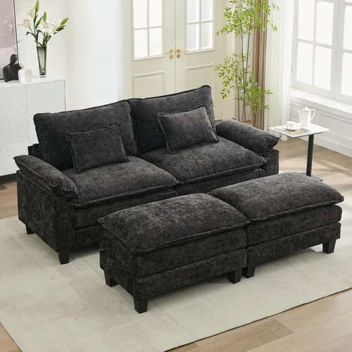 Vista 20 de URRED - Sofá seccional modular tipo nube, cómodo sofá cama de chenilla moderna con asientos profundos y otomán/almohadas para sala de estar