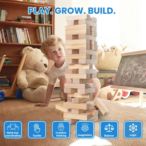 Vista 3 de PetGirl Torre gigante de caída de 54 piezas, juego de apilamiento de madera jumbo de más de 4 pies para niños y adultos, juego de pino de primera