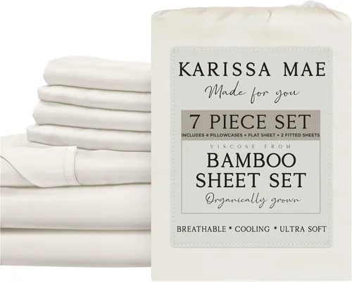 Vista 92 de KARISSA MAE Juego de sábanas de viscosa de bambú de lujo, 100% certificado FSC, refrescante, lujosamente suave, bolsillos profundos de 18 pulgadas