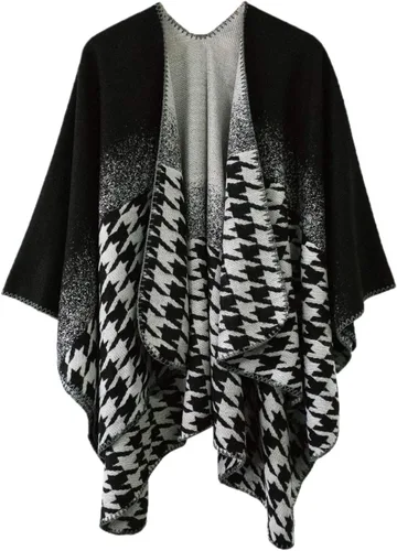 Vista 21 de Chal estilo poncho de frente abierta con patrón vintage para mujer, abrigo de invierno Serie 15-negro