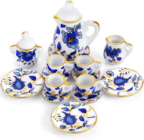 Vista 7 de Sumind Juego de tazas de té de porcelana en miniatura, 15 piezas, juego de porcelana en miniatura, diseño de flores, tetera, tazas, platos