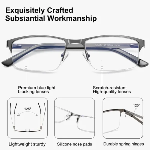 Vista 3 de EYECEDAR Paquete de 5 lentes de lectura para hombre, lentes de bloqueo de luz azul, gris plomizo, metal, medio marco, bisagras de resorte, lectores