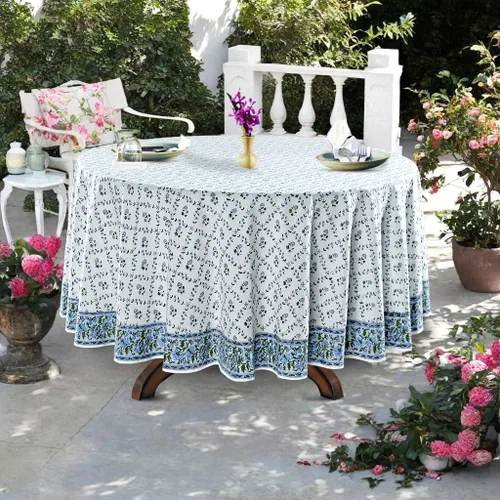 Vista 73 de Ridhi Mantel redondo estampado a mano color rosa flamenco 110 pulgadas 100%