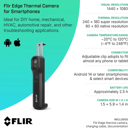 Vista 9 de FLIR Edge - Cámara térmica inalámbrica Bluetooth para teléfonos inteligentes, compatible con todos los dispositivos iOS y Android, resolución súper
