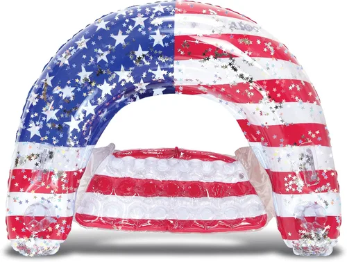 Vista 17 de POZA Flotador inflable de piscina de Estados Unidos – Lujosa tumbona divertida llena de confeti de estrellas plateadas brillantes, diseño de bandera