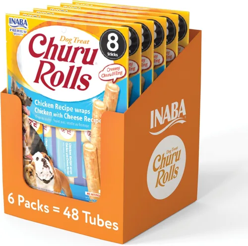 Vista 8 de INABA Churu Rollos para perros, golosinas suaves y masticables envueltas de pollo al horno, 0.42 onzas cada tubo, 48 tubos en total, receta de pollo