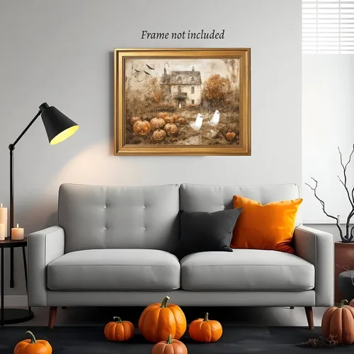 Vista 4 de Arte de pared vintage de Halloween embrujado de granja, parche de calabaza rústica con bonitos fantasmas, póster impreso en lienzo espeluznante