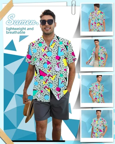 Vista 5 de Zando Camisas hawaianas de los años 80 y 90 para hombre, divertido traje retro de manga corta con botones para fiesta temática discoteca verano playa