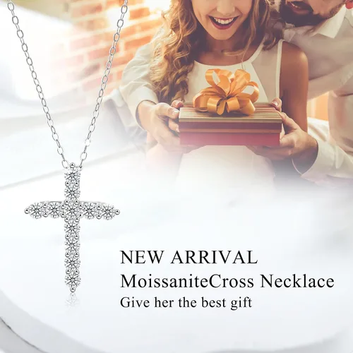 Vista 6 de Collar con colgante de cruz para esposa, madre, novia, novio, compuesto por 11 moissanitas de 0,1 quilates, plata de ley 925 chapada en oro blanco