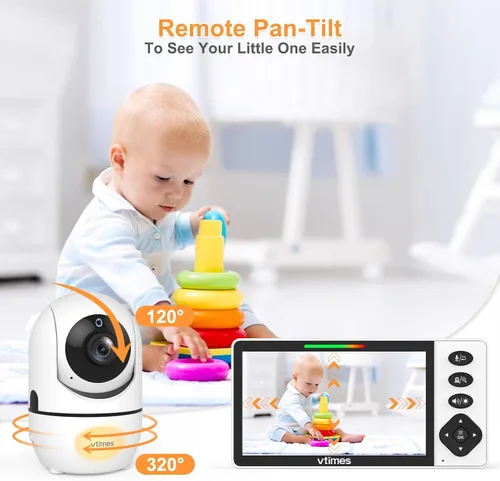 Vista 6 de VTimes - Monitor de bebé con cámara y audio, pantalla HD de 720P de 5.5 pulgadas, monitor de video sin WiFi, modo VOX, panorámica/inclinación/zoom