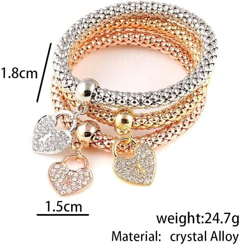 Vista 2 de Juego de 3 pulseras elásticas multicapa con forma de mariposa, corazón y llave, corona, pulseras de abalorios de cristal, pulsera de oro, plataoro