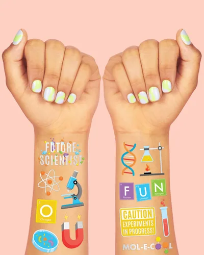 Vista 6 de xo, Fetti Science Party Tatuajes temporales – 62 estilos de lámina metálica plateada Suministros de fiesta de cumpleaños de científicos locos