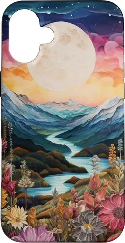 Vista 23 de Boho Chic Floral Moon Mountain Landscape Cute Pastel Design Case for iPhone 17