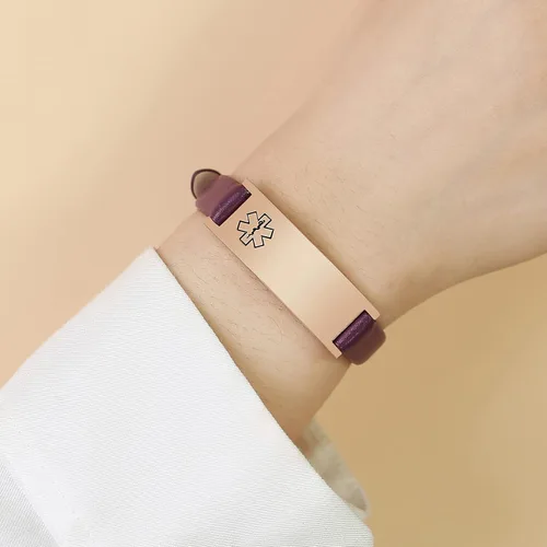 Vista 15 de MPRAINBOW Pulsera de alerta médica personalizada para mujer, correa de reloj de cuero genuino, grabado de doble cara, diabetes, epilepsia, joyería