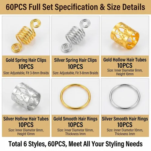Vista 2 de 60 piezas de accesorios metálicos para el cabello de estilo surtido, anillos para puños, cuentas de bobina, botones de rastas, decoraciones