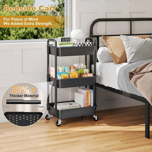 Vista 9 de Carrito rodante de 3 niveles con ruedas, carrito organizador de estantes de plástico negro de tres niveles con ruedas con cerradura, pequeño carrito