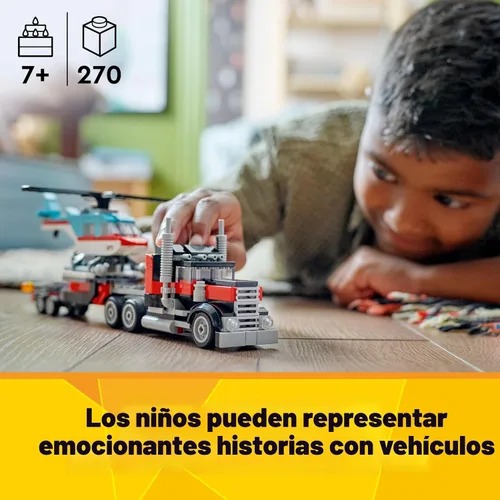 Vista 2 de LEGO Creator 3 en 1 Camión de Plataforma Plana con Juguete de Helicóptero, se Transforma de Juguete de Camión de Plataforma Plana a Avión de Hélice
