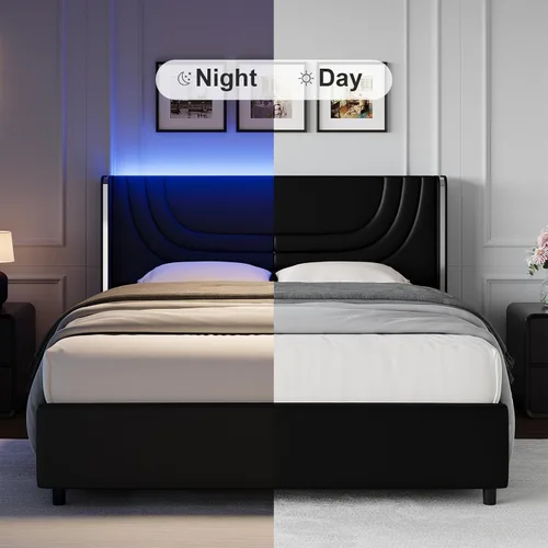 Vista 5 de REVOMINCA Base de cama individual con luces LED, plataforma tapizada de piel sintética con cabecera de ala plateada, estilo moderno, no necesita
