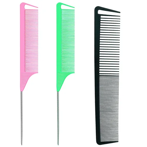 Vista 10 de Peine de cola de rata, 3 piezas de peines de separación para trenzas, peluquería, peinetas de fibra de carbono, peine de acero inoxidable