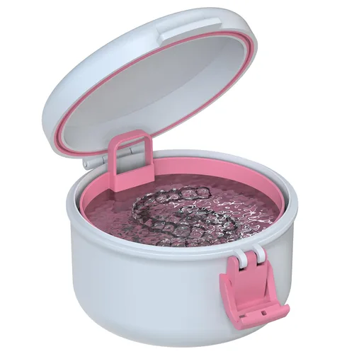 Vista 10 de BVN Taza de baño de dentadura a prueba de fugas para viajes, taza de dentadura para remojar dentaduras, estuche de limpieza retenedor con colador