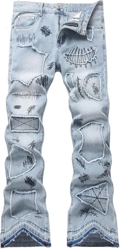 Vista 10 de Baylvn - Pantalones de mezclilla para hombre con diseño patchwork, ajustados y cómodos, estilo motociclista 3132 Camuflaje y azul