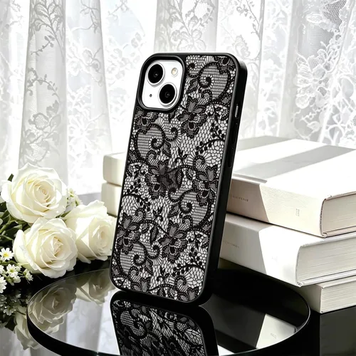 Vista 5 de NITITOP Para iPhone 14 Plus/15 Plus Funda Transparente Encaje Flor - Negro