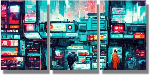 Vista 36 de Lienzo decorativo para pared, diseño de ciudad futurista Cyberpunk para sala de estar, impresión multipanel, obra de arte de cocina, pintura