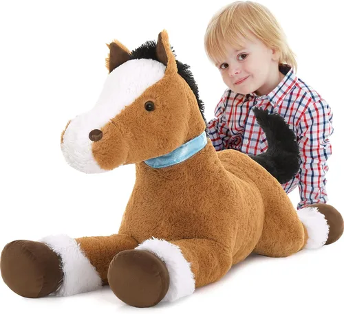 Vista 8 de Tezituor Animales de peluche gigantes de caballo negro de 47 pulgadas, poni de peluche grande realista de 4 pies para niños y niñas, almohada
